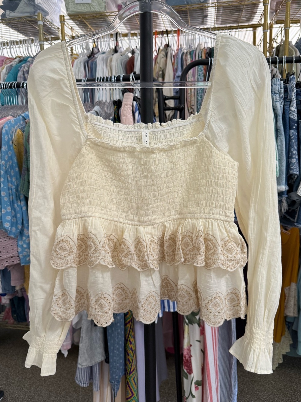 NWOT American Eagle Outfitters Cream Peasant Lace Tiered Long-Sleeve Top